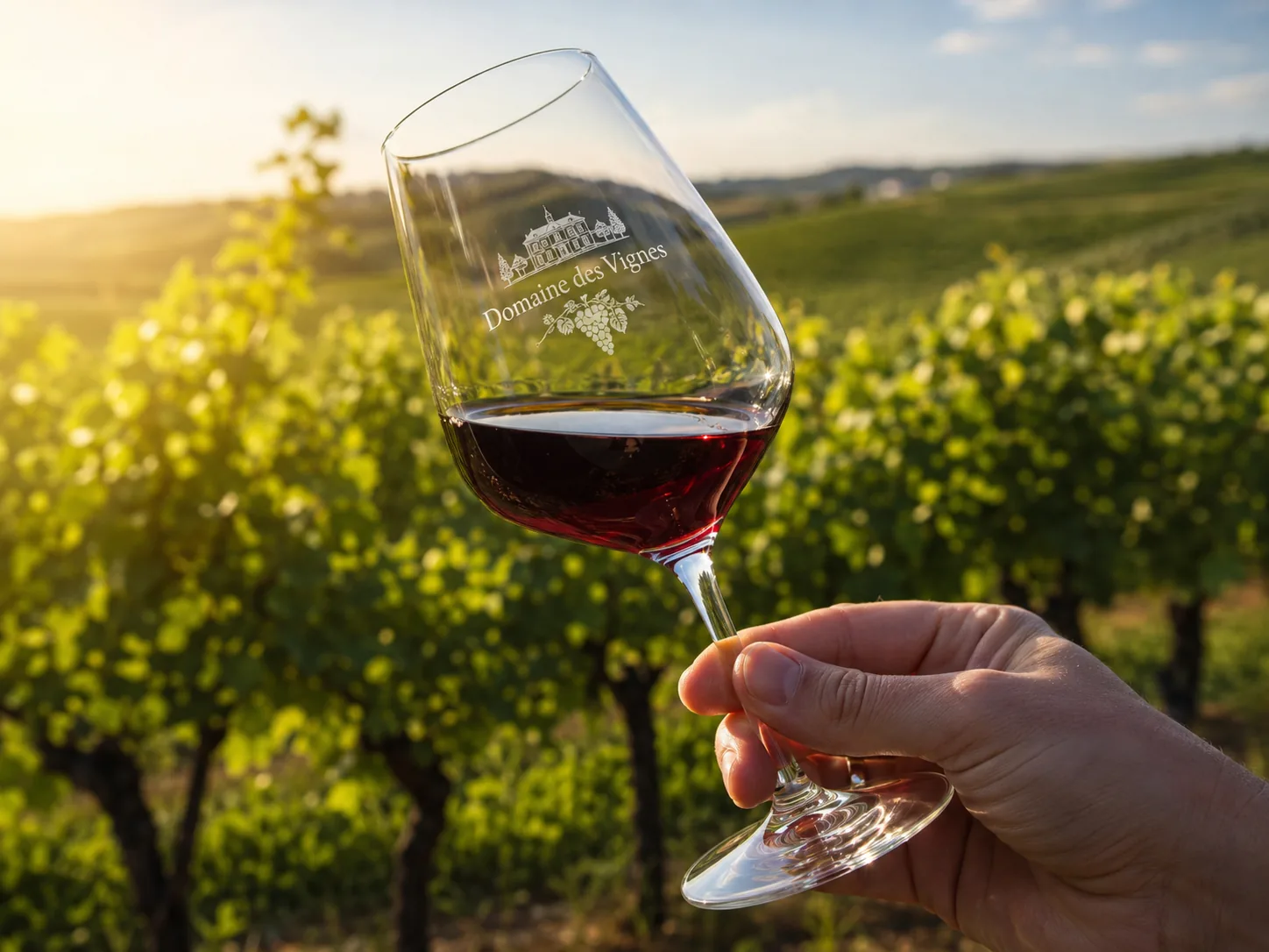 Verre à vin personnalisé gravé pour domaine viticole dans les vignes