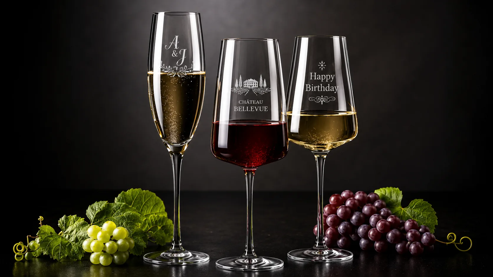 Verres personnalisés gravés pour mariage, anniversaire et domaine viticole