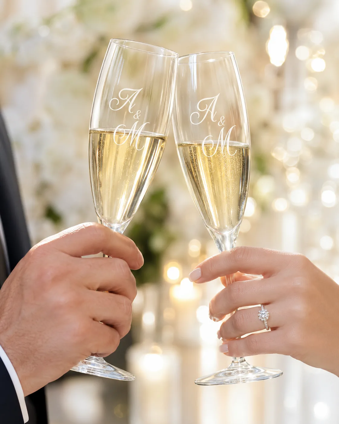 Flûtes personnalisées trinquant lors d'un mariage